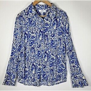 Magaschoni Blouse Womens XL Blue White Paisley Abstract Button Front Long Sleeve